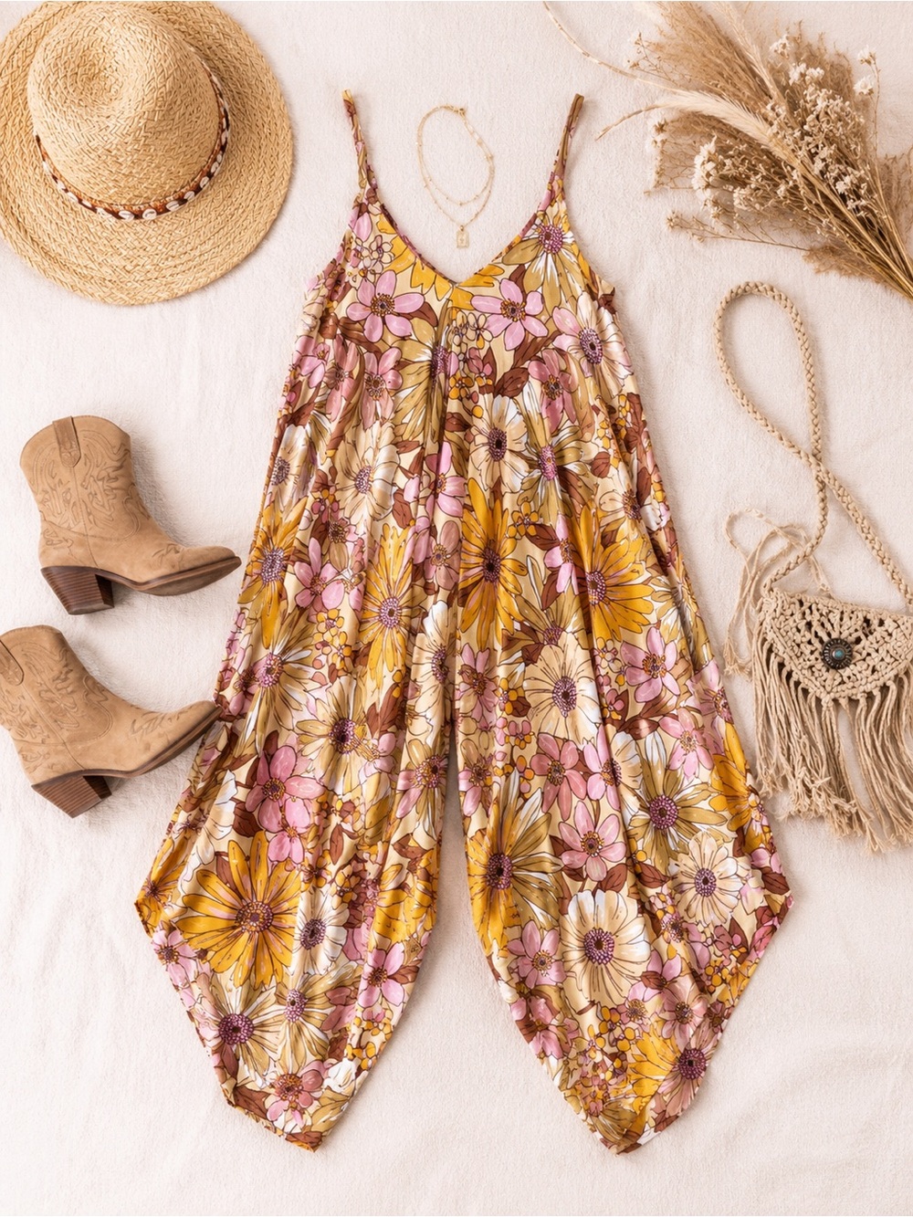 Boho Floral Wide-Leg Jumpsuit in Mustard & Pink